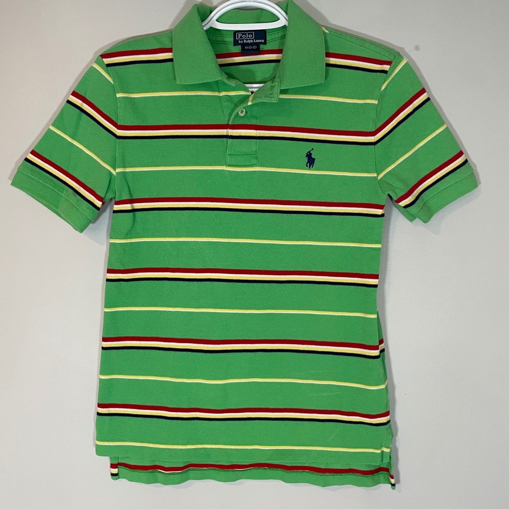 Polo Ralph Lauren Boys Green Striped Short Sleeve Polo Shirt Size M 10-12 Cotton